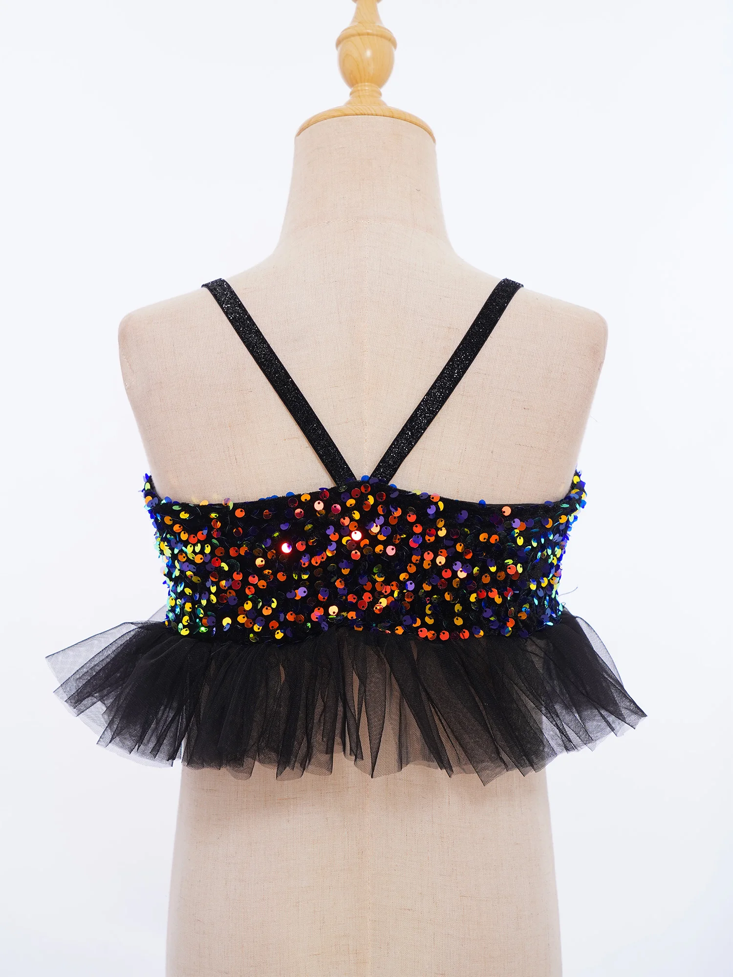 Dziecięcy dziewczęcy top do tańca jazzowego i latynoamerykańskiego, z błyszczącymi cekinami, aksamitnymi ramiączkami spaghetti, tiulowymi falbankami, bluzka na ramiączkach, kostium sceniczny.