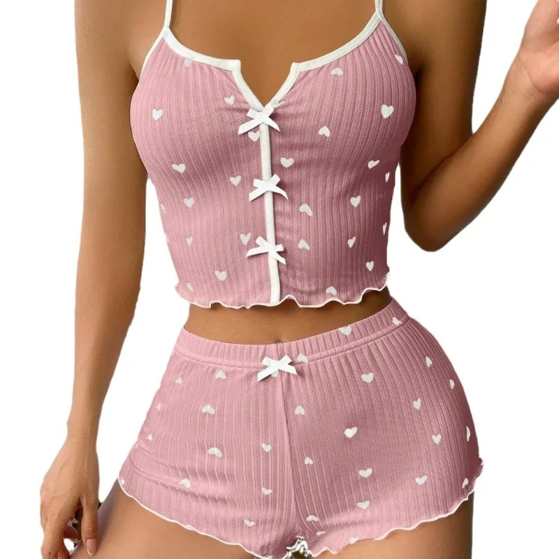 Fun Heart-shaped Printed Homewear Front Placket Split Suspender Pajama Set Sexy Plus Size Lingerie  Plus Size Lingerie  Erotic