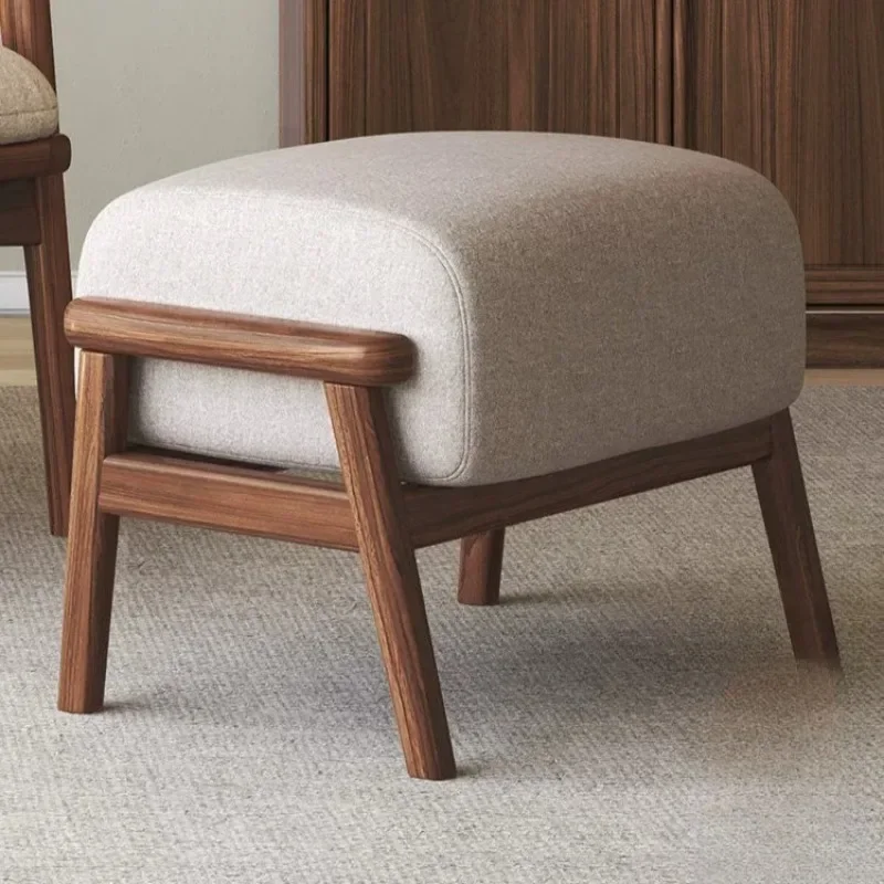 Mid Century Wood Ottoman Footstool Linen Fabric Upholstered Rectangle Accent Stool Living Room Bedroom Sofa Side Furniture