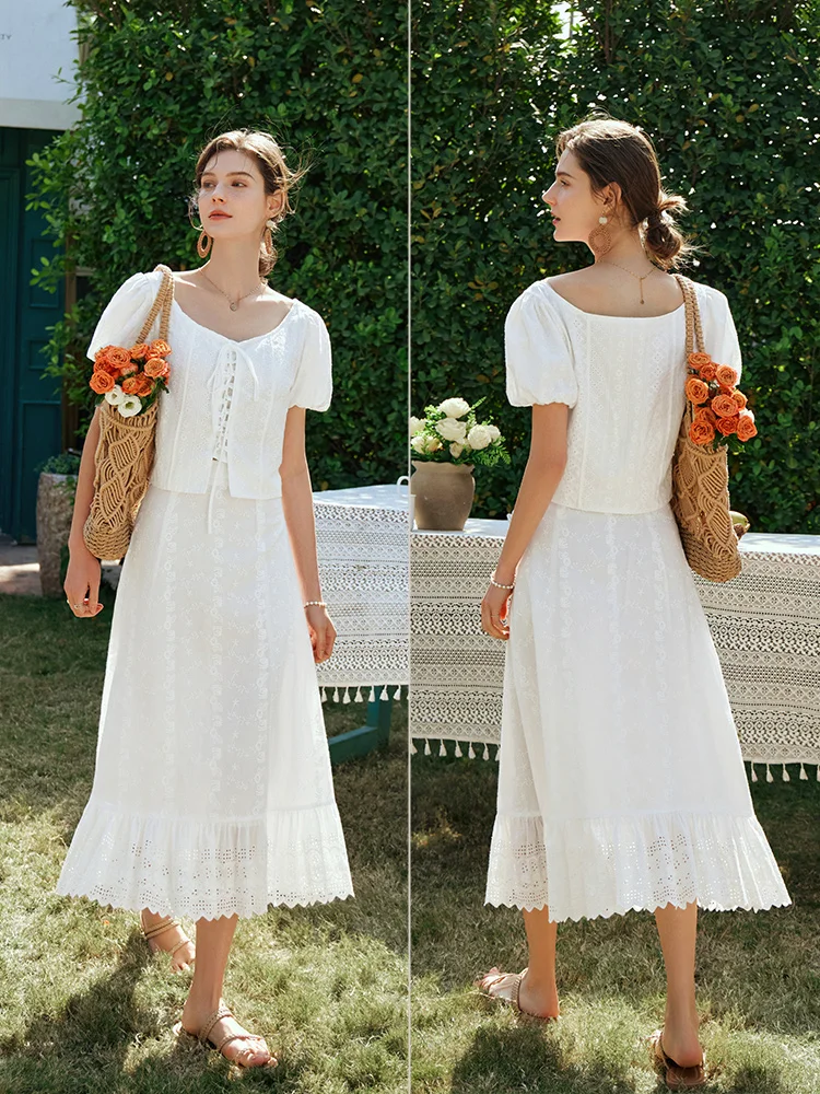 OLrain Women's Summer Cotton White Blouse 2025 V-neck Embroidered Short Puff Sleeve Elegant Blouses Ladies Clothes O24XX85308