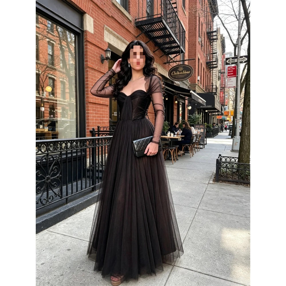 Customized Chiffon Long Sleeved Strapless Evening Gown 2026 Black Tight Corset and Pleated Guest Dress Suitable for Parties