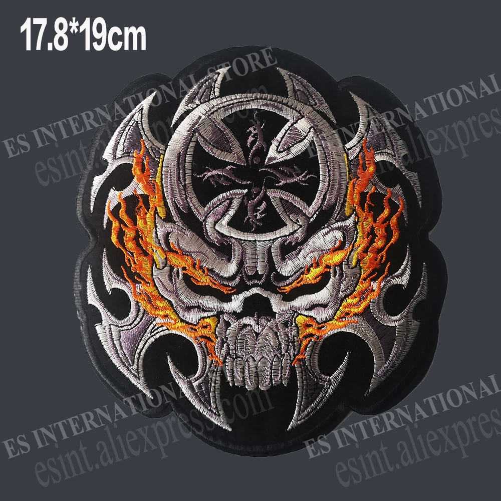 7.5\'\' inches Embroidery Patches Fire Skull Angry Flame Skeletonfor Jacket Back Vest Motorcycle Biker 17.8cm*19cm Needwork DIY