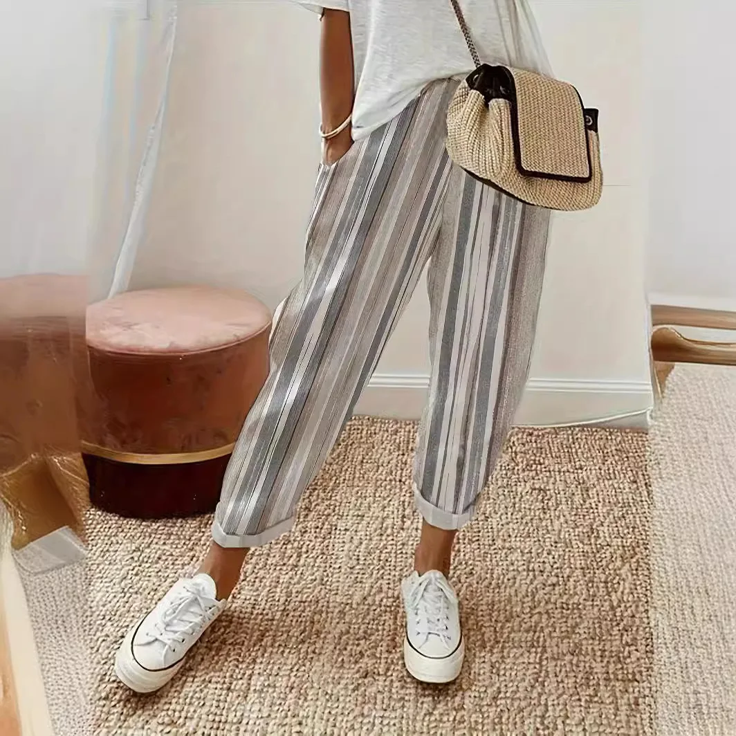 2024 Women Crop Pants Elastic Waist Drawstring Retro Thin Stripe Print Mid-calf Length Pockets Women Trousers Female Clothing