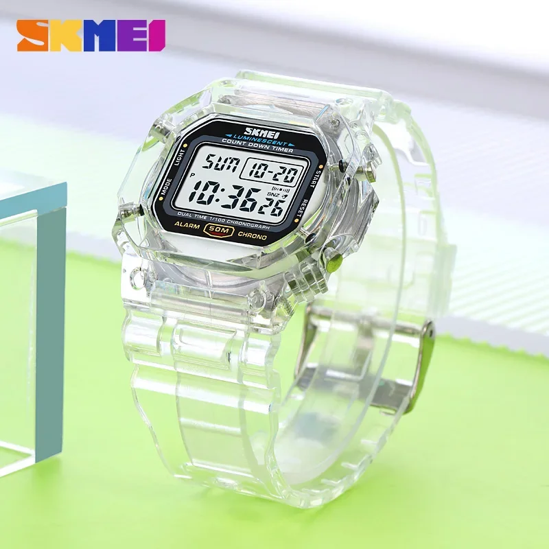 SKMEI 1999 Transparent PU Strap Lady Wristwatch Shockproof reloj mujer Multifunctional  2 Time Count Down Women Digital Watches