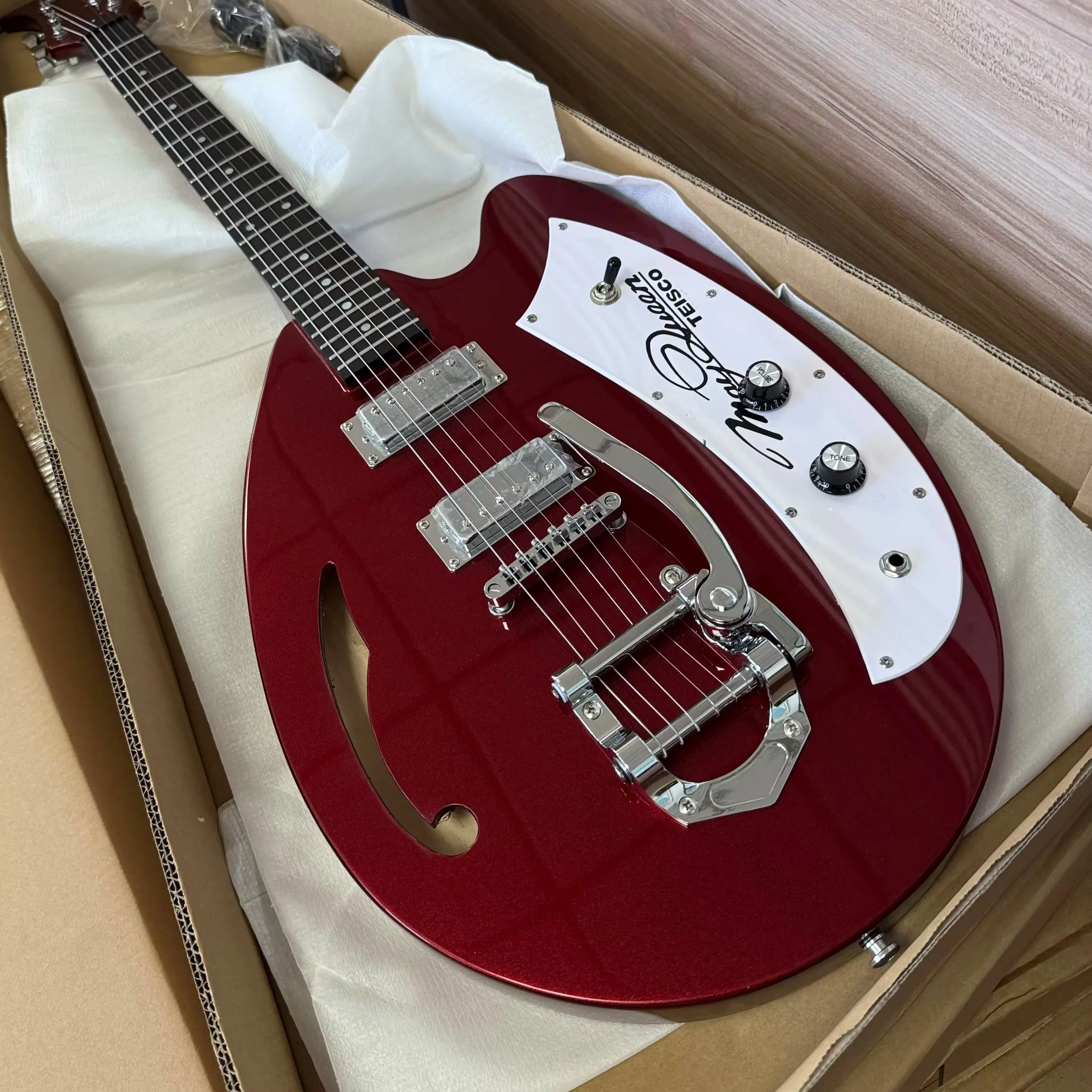 Waterdrop Round Electric Guitar Semi-Hollow Structure F-Hole Metal Red Body White Irregular Guard Plate Christmas Gifts