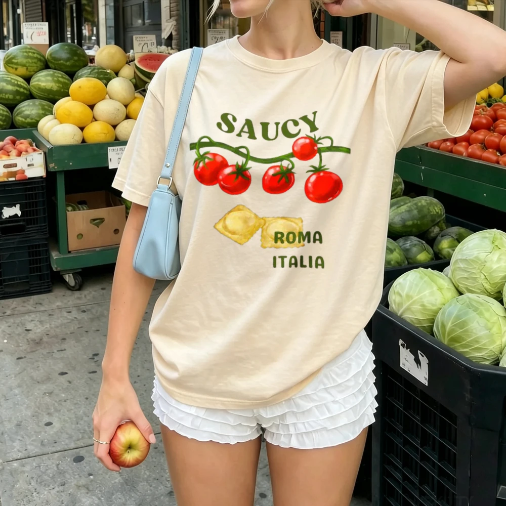 Saucy Roma Italia Cherry Tomato Vine & Ravioli Pasta Watercolor Print Women  T Shirt Italian Kitchen Retro Art Cotton Casual Top