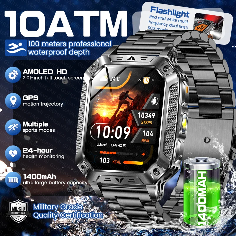 

New Real 10ATM Waterproof Swim Smart Watch Men Outdoor 1400mAh Battery GPS Flashlight Dual Flash SOS Bluetooth Call Smartwatches