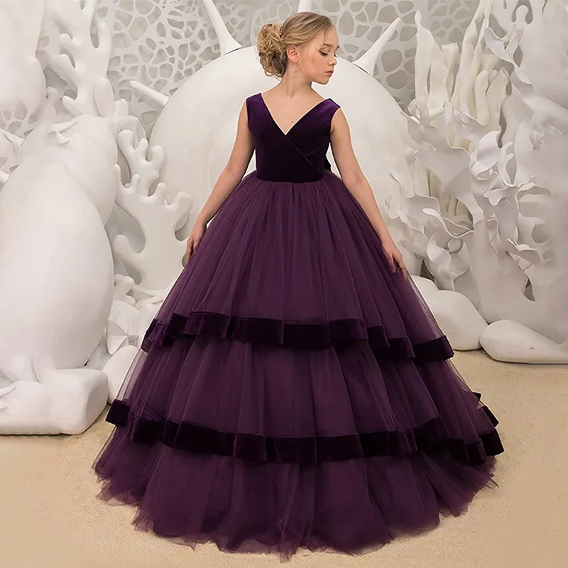 New Flower Girl Wedding Dress Velvet Tail Sleeveless V-Neck Performance Festival Puffy Princess Long Dress