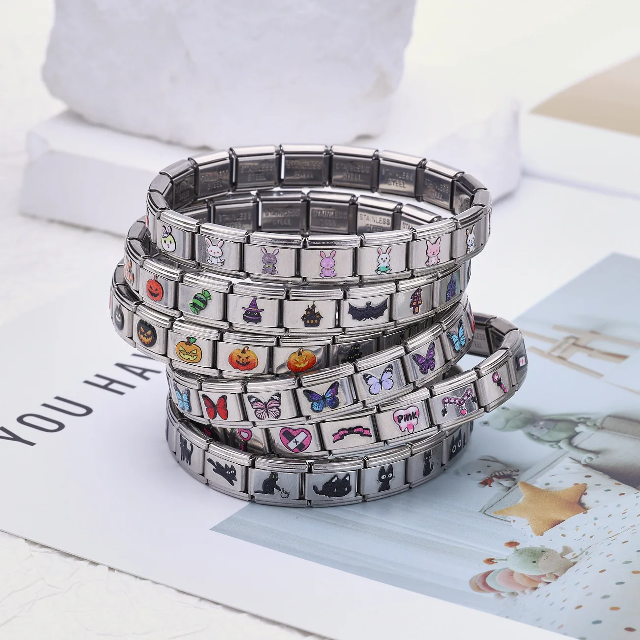 

Halloween Christmas Patterns Printed Cartoon Series Italian Charm Module Stainless Steel Bracelets for Woman Men DIY Jewelry