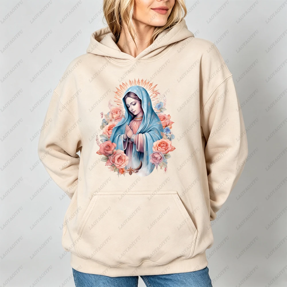 Virgin Mary Guadalupe Roses Praying Women Casual Long Sleeve Hoodie Religious Catholic Faith Blessed Mother Pullover Clothes
