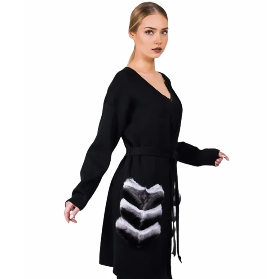 Women Fur Cardigan Cashmere Sweater Knee-Length Coat With Rex Rabbit Fur Trim Pockets