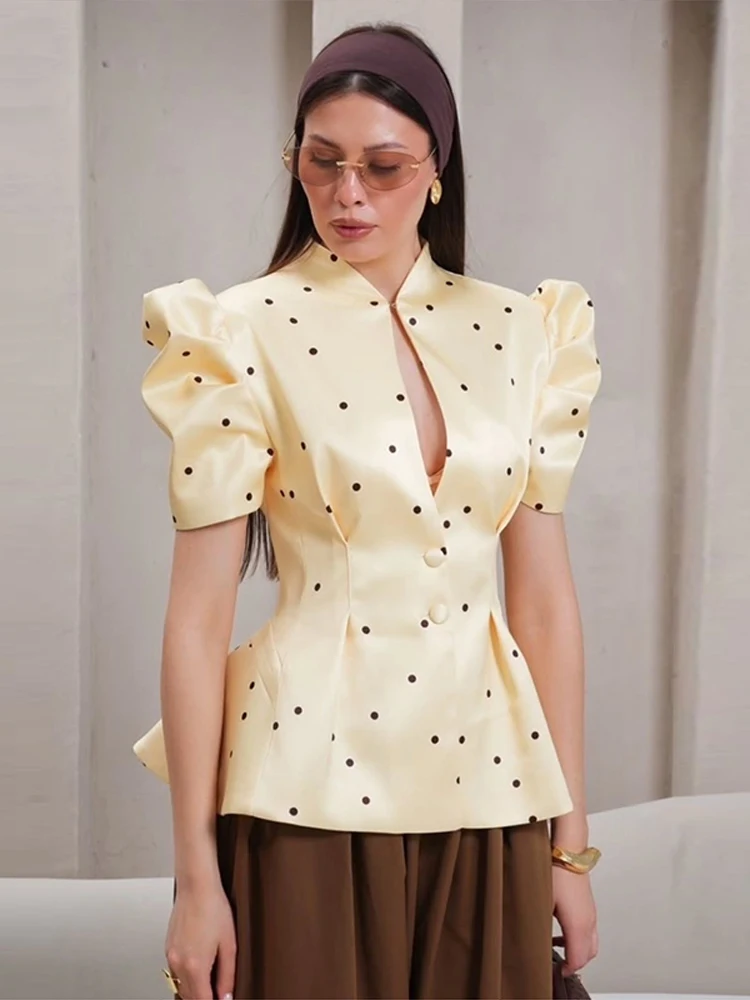 Bedruckter Taillierter Dünner Blazer für Damen Eleganter Stehkragen Puffärmel Kurze Ärmel Schlanker Mantel Schicke Büro-Damen-Oberteil Neue Oberbekleidung – Detail 6