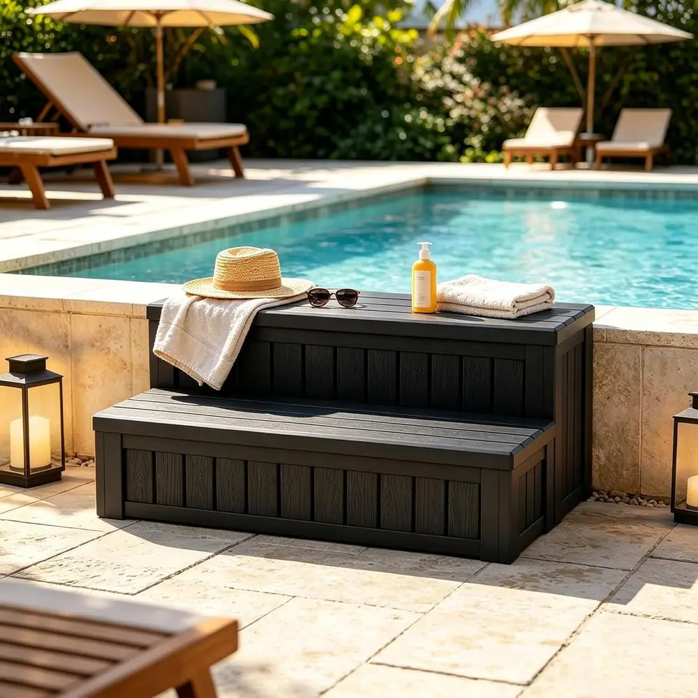 Outdoor Spa Stairs with Storage, 36.6 Length, Black Waterproof Plastic Deck Access for Hot Tub