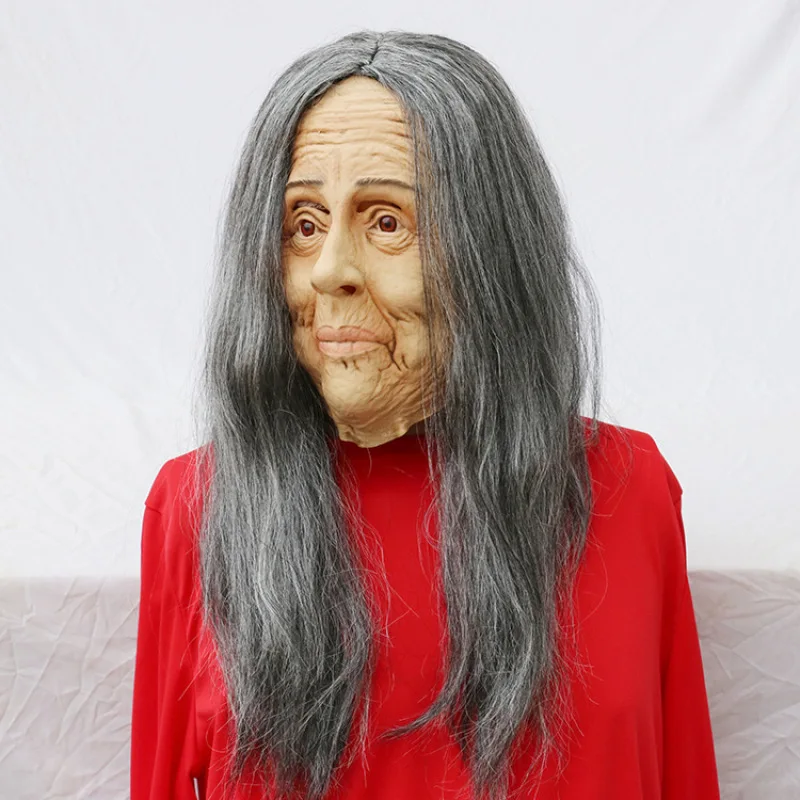 Halloween Scary Horror Mask Old Witch Head Latex with Hair Halloween Fancy Dress Grimace Party Costume Cosplay Masks Props Adult