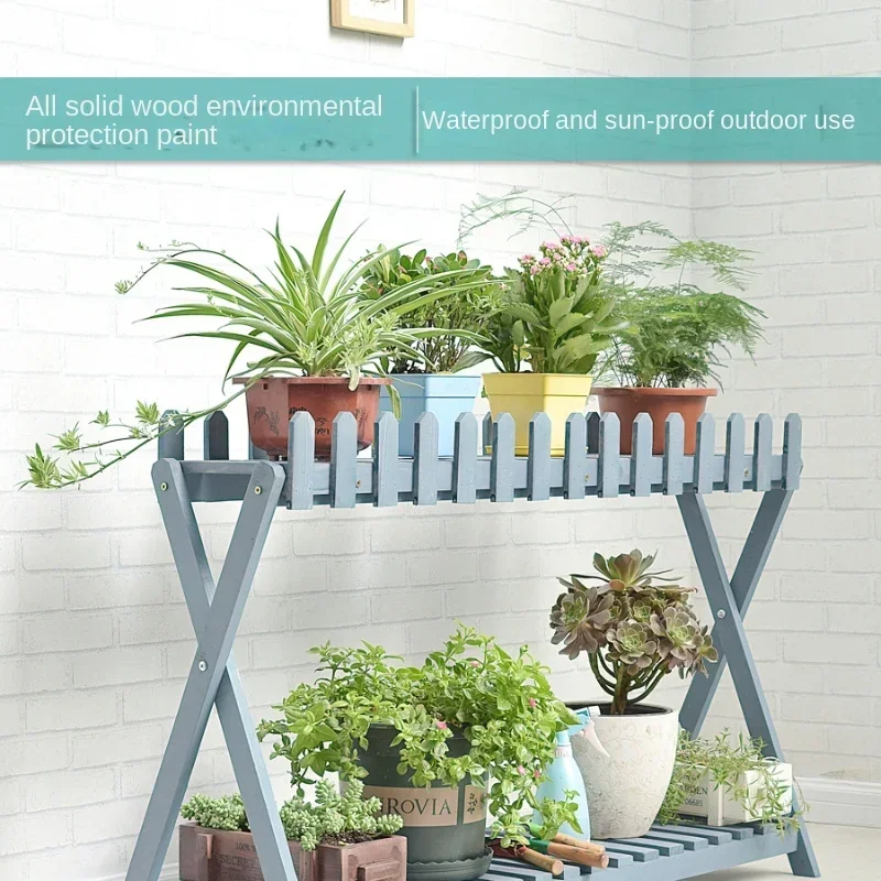 

Balcony solid wood flower rack double-layer movable floor shelf