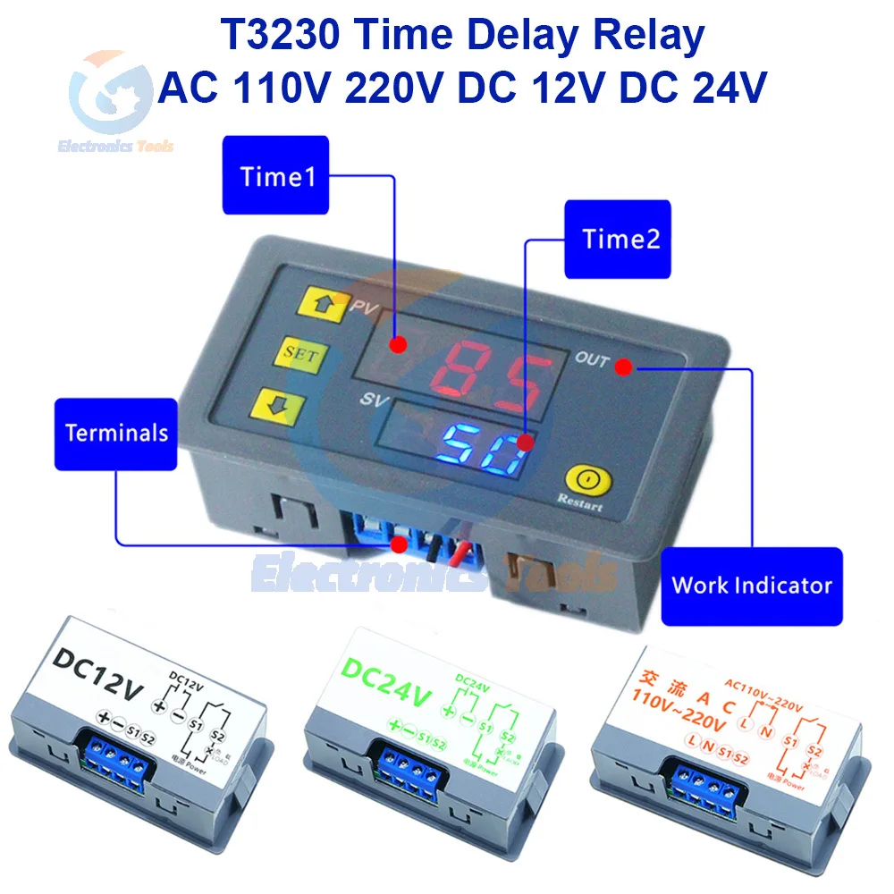 

AC 110V 220V DC 12V DC 24V Реле задержки времени Светодиодный дисплей Цикл таймера Регулируемое реле задержки времени Источник питания T3230