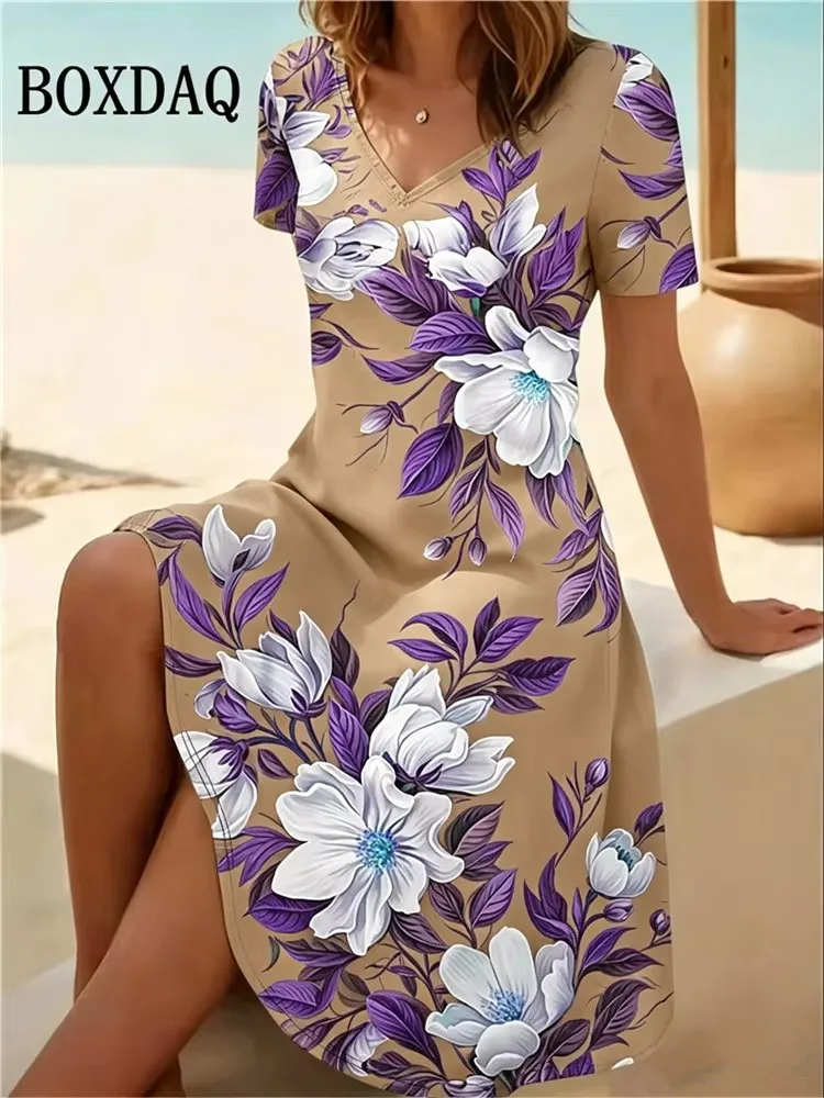 Vestidos de talla grande 6XL para mujer, vestido informal de verano para playa, vestido vintage bohemio con estampado floral, vestido holgado de manga corta con cuello en V, Vestidos