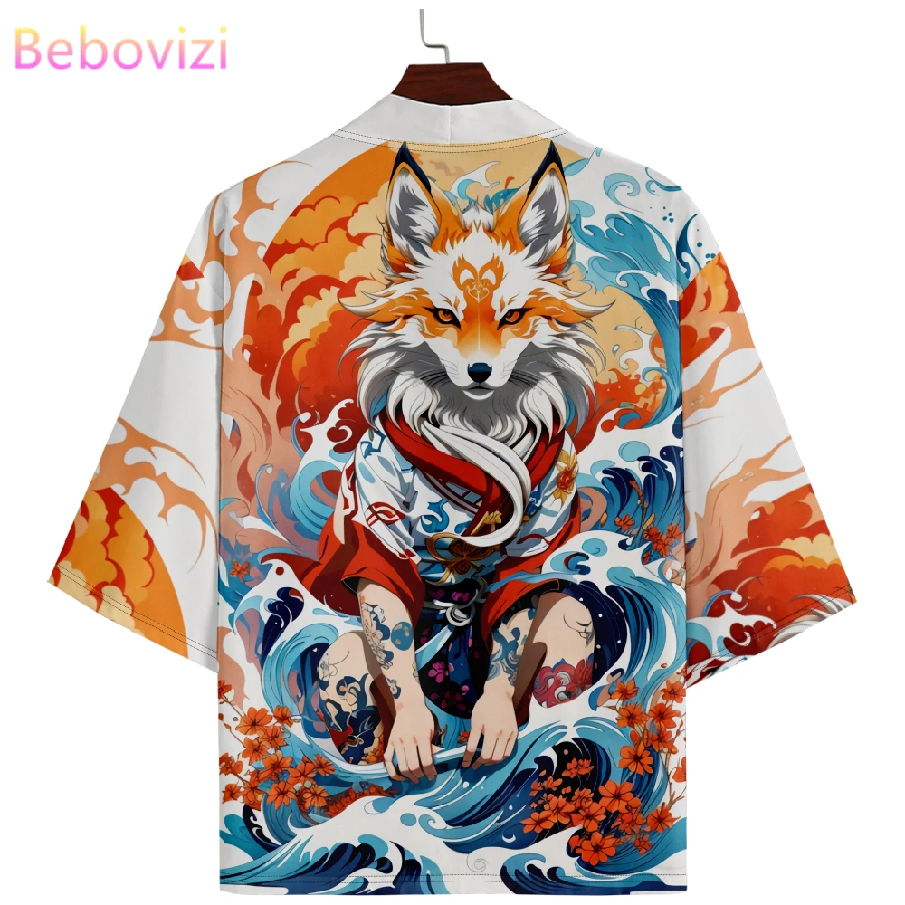 Japanese Anime Fox Wave Print Samurai Kimono 2024 Harajuku Men Women Cardigan Haori Summer Beach Yukata Asian Clothing