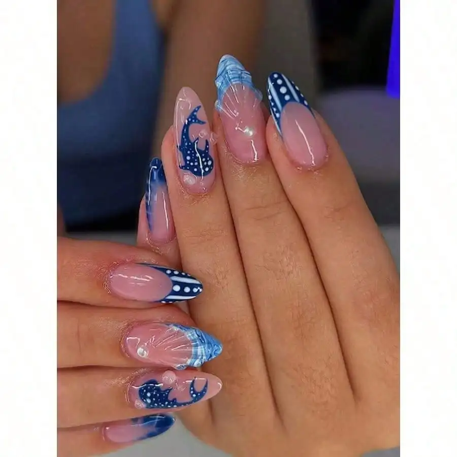 

24pcs/Set French Almond-Shaped Ocean Style 3D Pearl Three-Dimensional Smudged Flower Shell Press-On False Nails Nail Art Supplies, Including 1 Jelly Glue And 1 Nail File, Perfect For Women And Girls On Vacation, Dating And Daily Wear