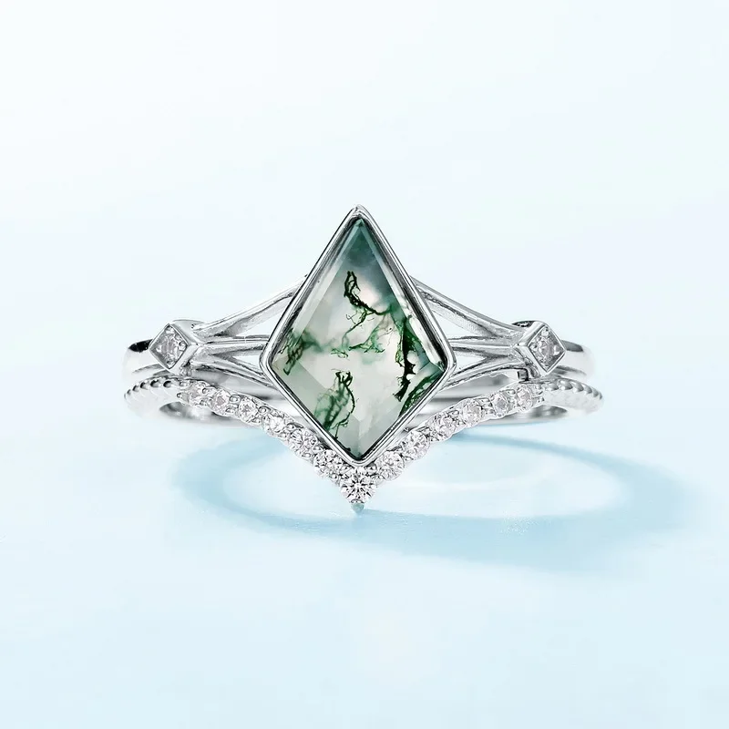 18K Gold PT950 Platinum Green Moss Combination Ring Women's Aquatic Agate Stacked Ring Niche Exquisite