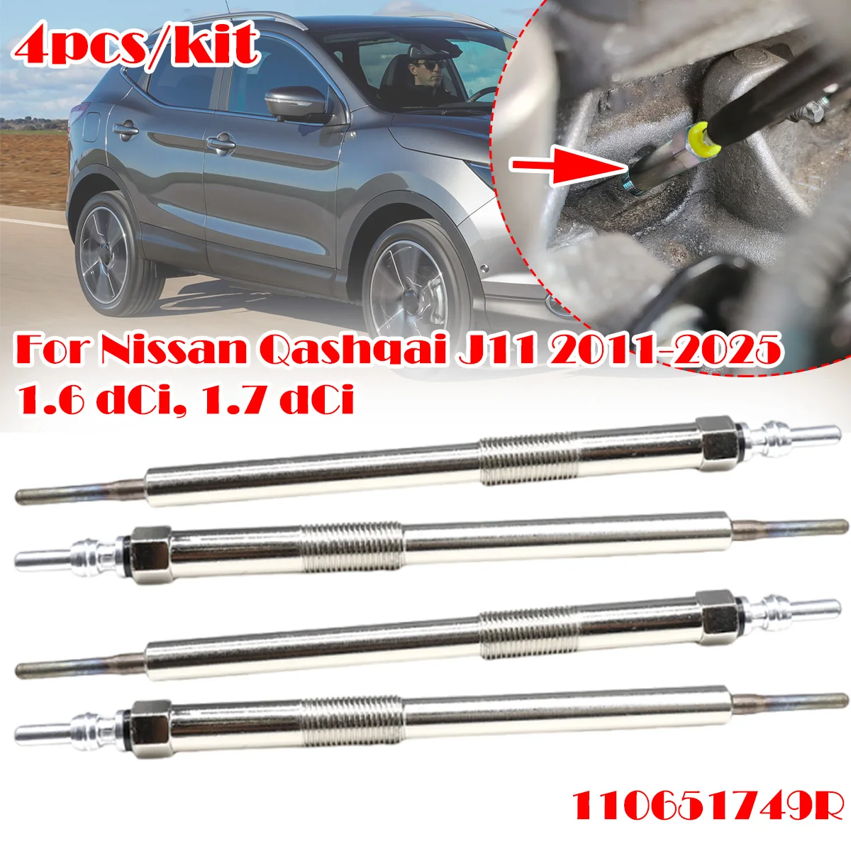 

4PC Diesel Heater Nickel Plating Glow Plugs 4.5V For Nissan Qashqai J11 2011-20251.6 1.7 dCi 6221590001 110651749R 110650819R