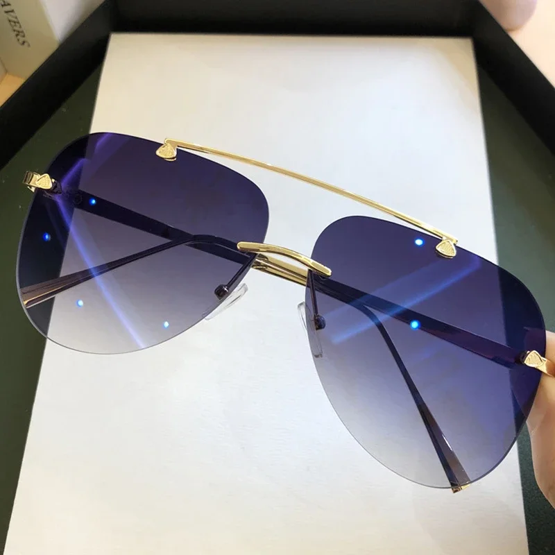 Vintage Rimless Alloy Aviation Pilot Sunglasses for Men Brand Gradient Sun Glasses Female Metal Oval Shades Black Brown view 4
