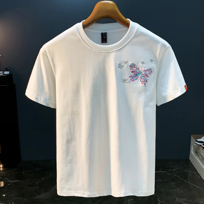2025年夏 メンズ向け 中華風花蝶刺繍半袖Tシャツ、新作トレンドブランドゆったり万能トップス