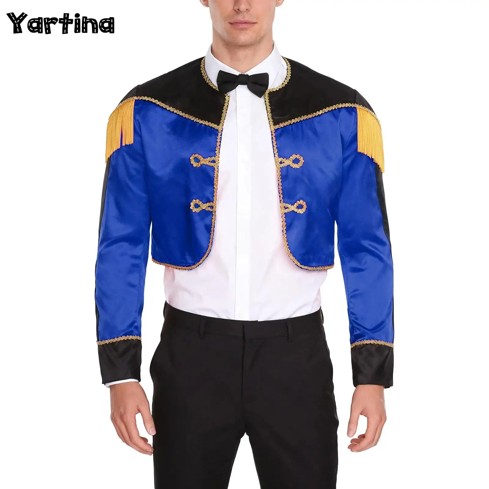 

Men Matador Spain Bullfighter Carnival Cosplay Costume Trumpet Drum Major Team Jacket Gold Braid Trim Tassels Satin Cropped Tops