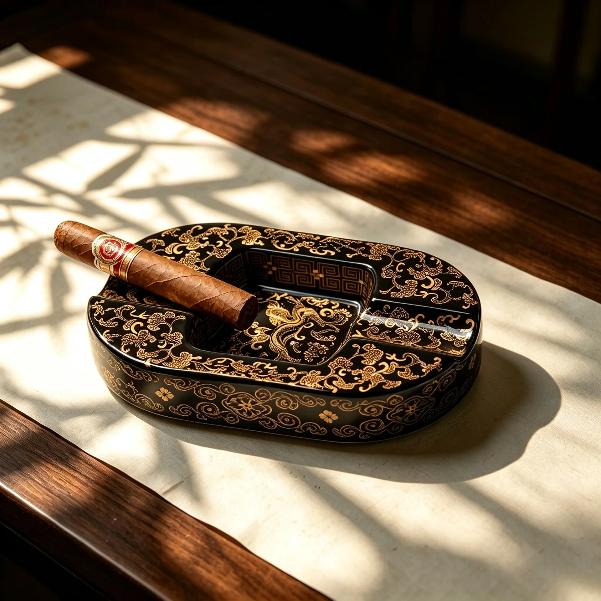 New Portable Ceramic Cigar Ashtray Light Luxury Black Gold Dragon Pattern Wide Groove Creative High-end Gifts