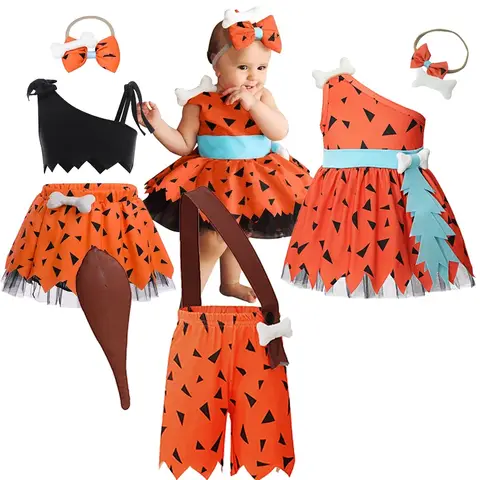 3pcs Sets Kids Costume Caveman Cavegirl Stone Age Outfit for Girls Boys Halloween Cosplay Girl Pebbles Inspired Dress Up Suits