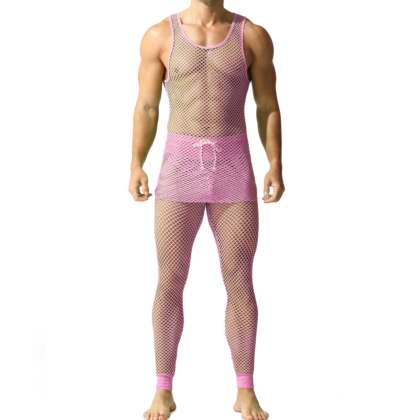 Sexy Fishnet Men's Tank Top Sets Hollow Out Vests + Tight Pants Clothing Set See-through Sports Wear view 2