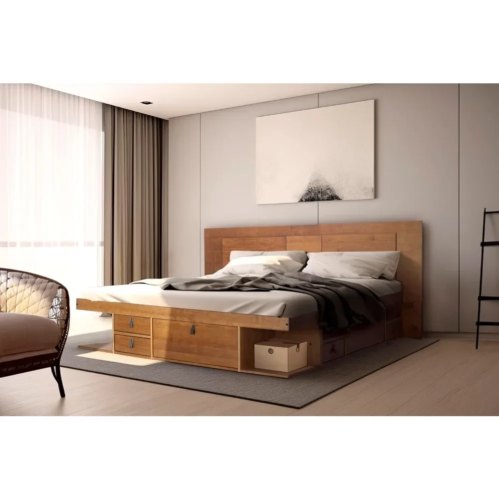 

King Bed Frame Size Storage Platform Beds with Drawers + Flat Panel Headboard, King Size Bed Frame