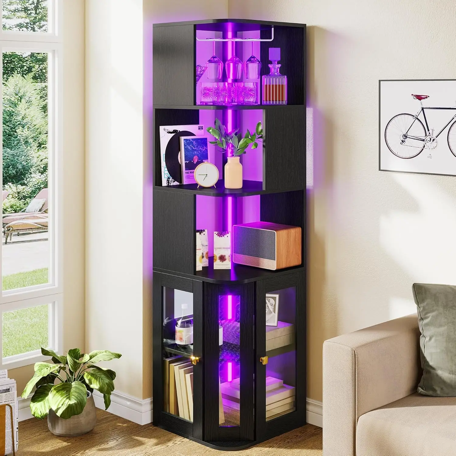 Armoire à vin d'angle avec lumières LED et support en verre, armoire de bar d'angle avec porte en verre trempé et étagères réglables, barre d'alcool