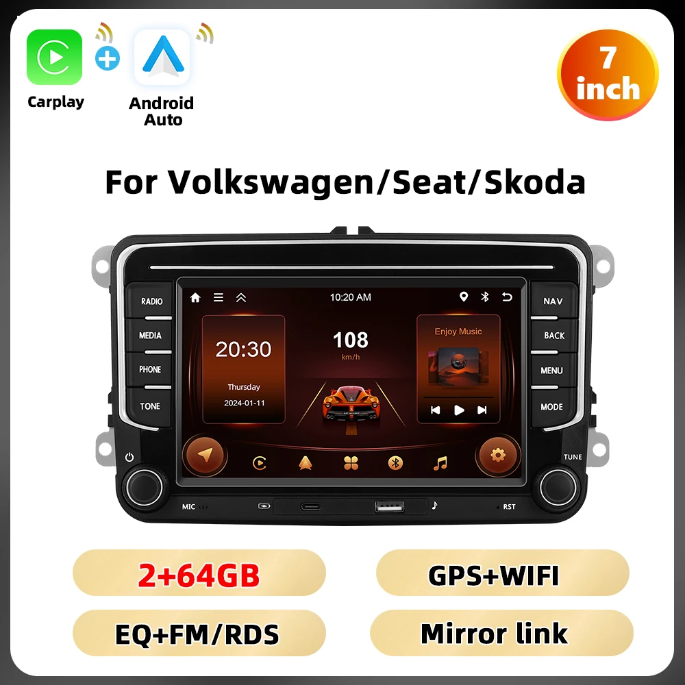 Podofo 6 + 128G 7 ''Autoradio Voor VW/PASSAT/CADDY/POLO/BEETLE Multimedia Speler Carplay Android Auto Type-C WIFI GPS Auto Audio