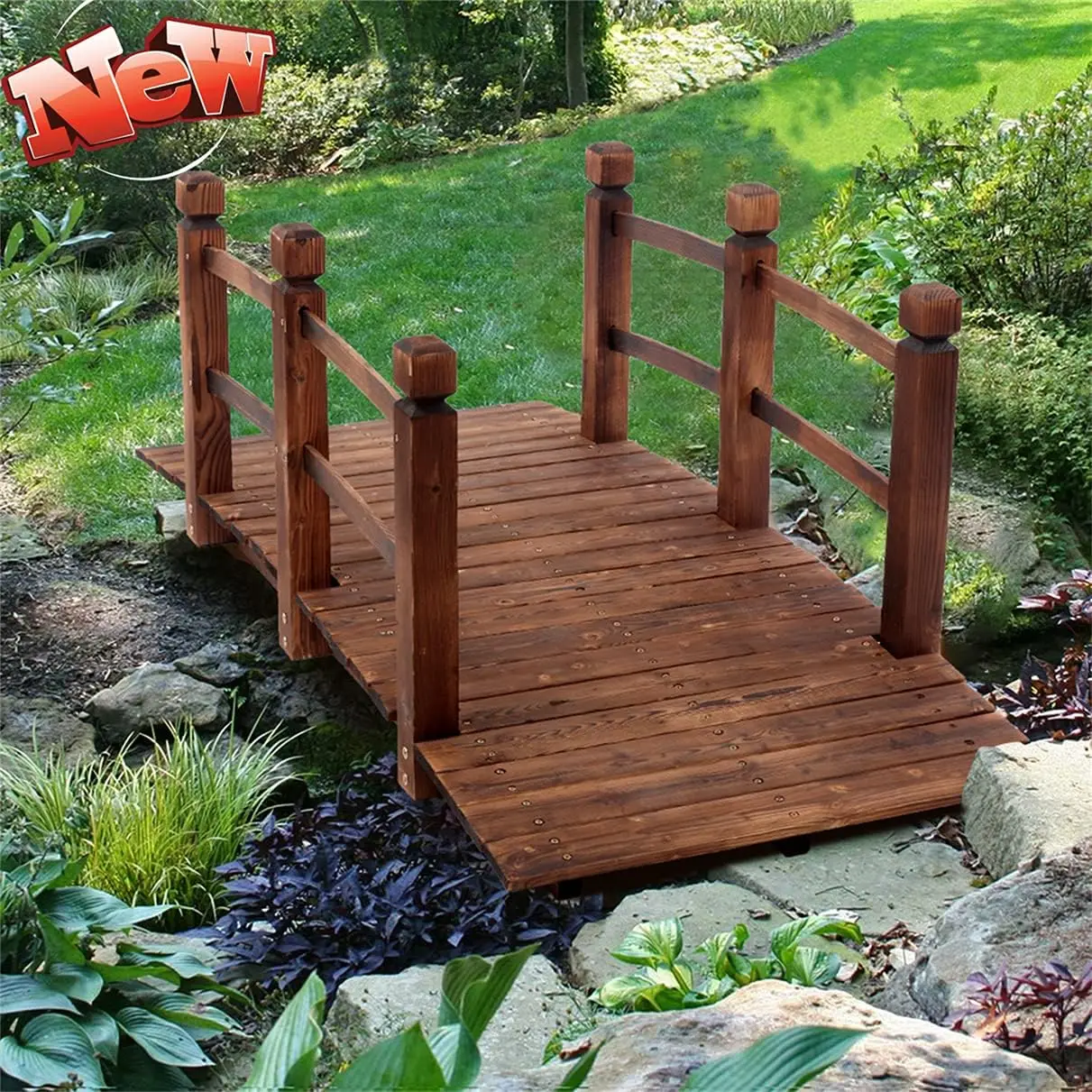 Modern Wooden Garden Bridge Outdoor Decorative Arch Footbridge Walkway Furniture With Double Railings For Yard Pond Stream Backyard Landscaping Lawn, Stained Wood
