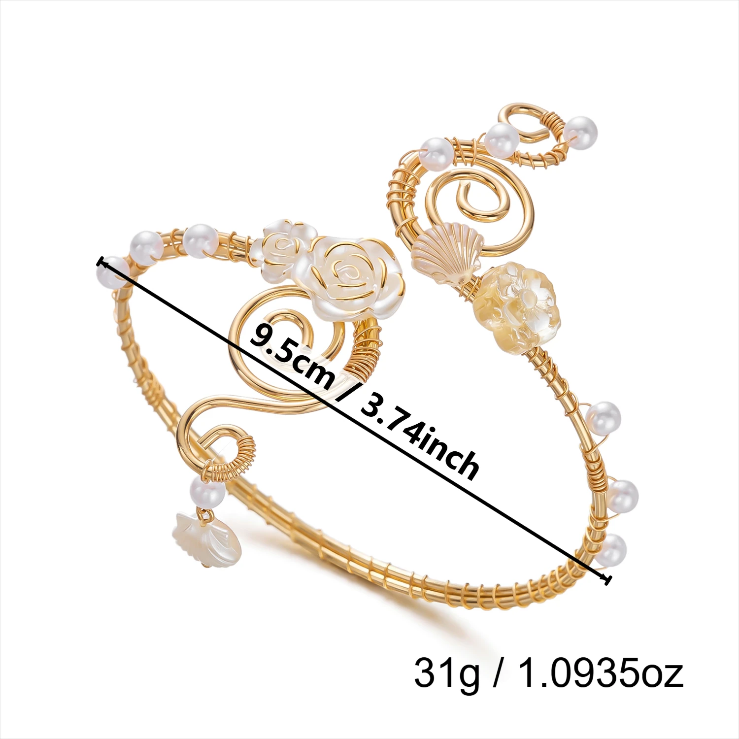 Elegante goldfarbene, drahtumwickelte Oberarmmanschette für Damen, romantische rosa Iris-Blumen-Armreif, Strandparty-Schmuck – Detail 9
