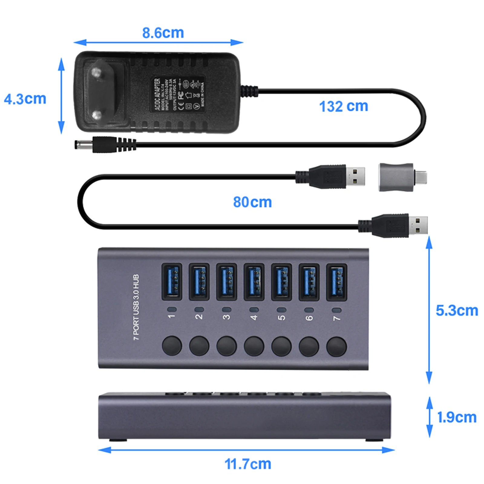 Imagem -06 - Hub Usb de Metal com Botão Interruptor para pc Multi Splitter Adaptador de Energia Portas Expansor Múltiplo Usb 3.0 Hub 2.0