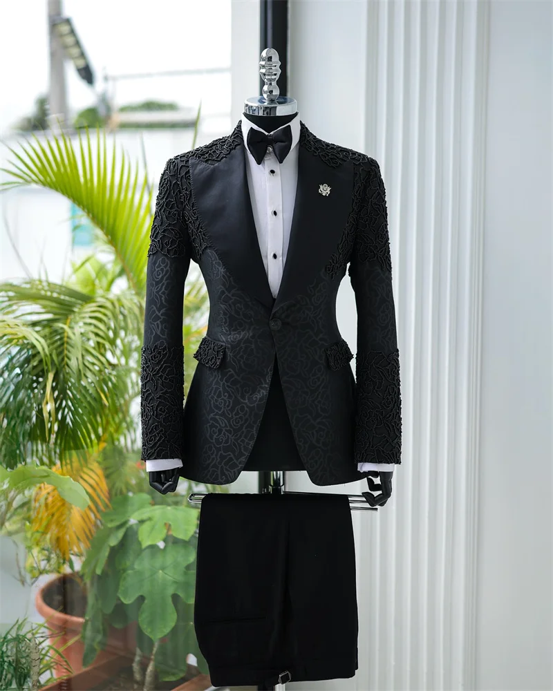 Luxury Black Men Suit Set 2 Pcs Blazer+Pants Printed Crystals Wedding Tuxedos Coat Customized Formal Office Fashion Groom Jacket