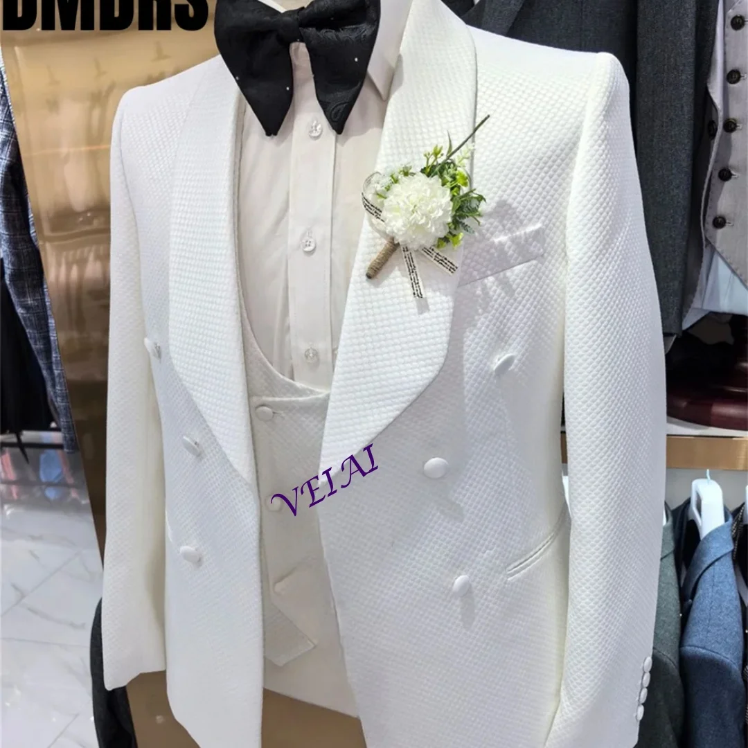 Customized Elegant Jacquard Men's Suit Set Classic Single-Breasted Formal Office Wear Handsome White Wedding Host Suit
