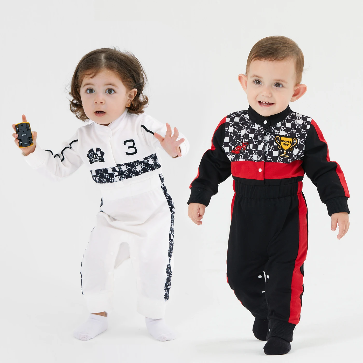 PatPat Racing Driver Baby Boy/Girl Sporty Grid Jumpsuit Autumn Spring