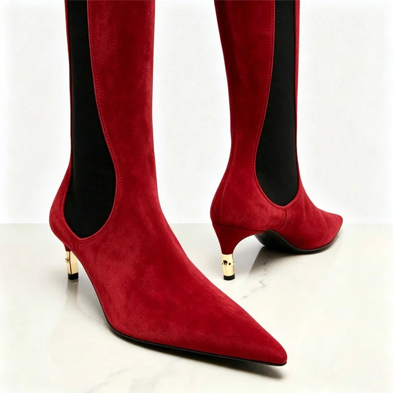 2026 New Low Heel Knee High Boots with Pointed Kitten Heels and Elastic Fabric Autumn and Winter Fashionable Mid Length Boots