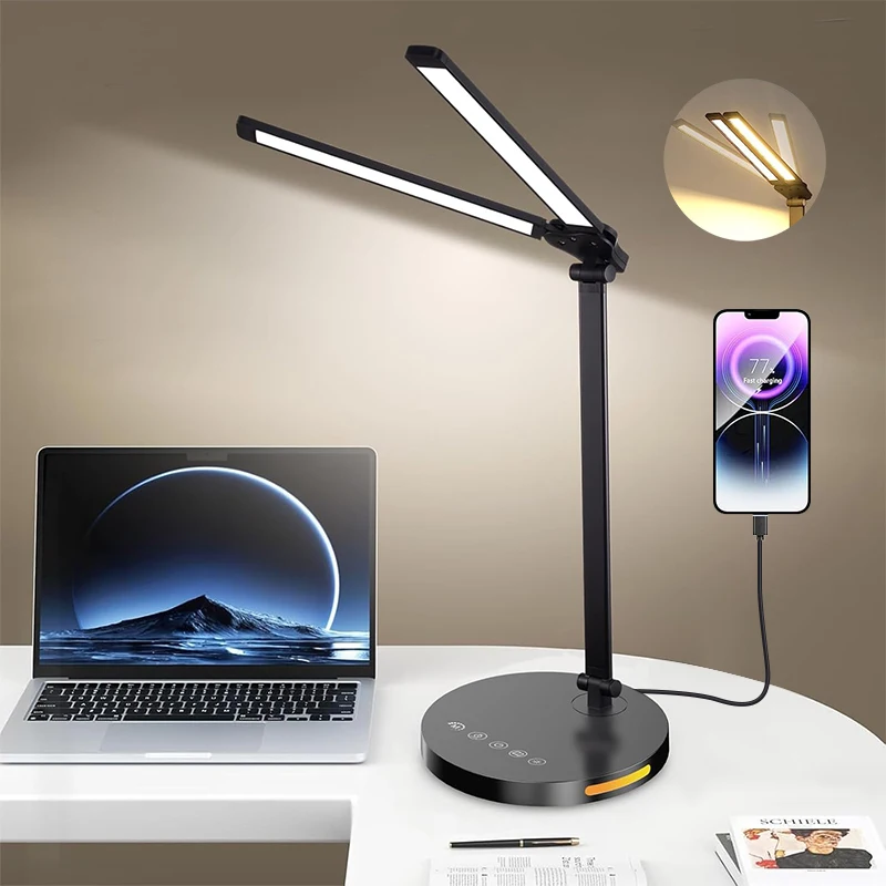 Led Desk Lamp with Adjustable Brightness 5 Color Dimmable Desk Light Type-C Interface Dual-Head Table Lamp for Home and Office