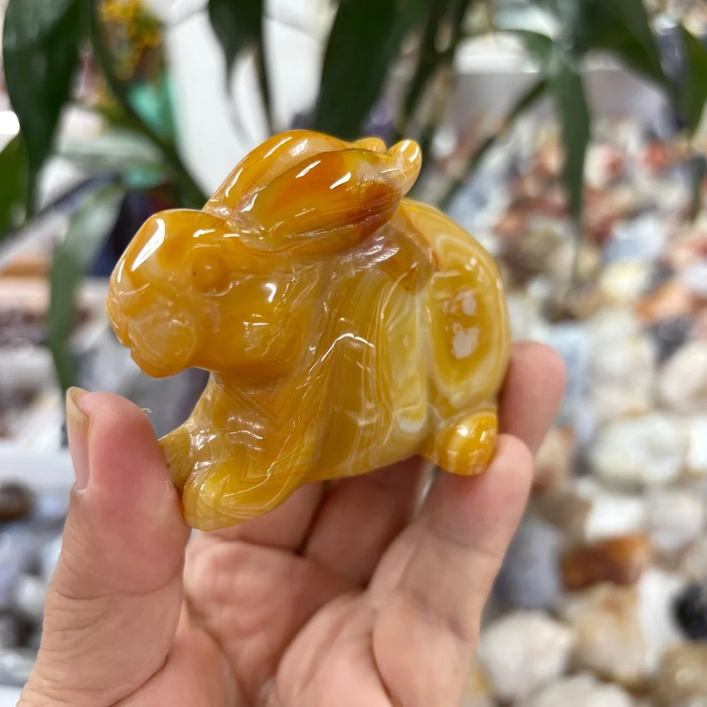Natural Yellow Agate Rabbit Carving Crystal Animal Statue Cute Desktop Ornament Home Decor Healing Crystal Gift