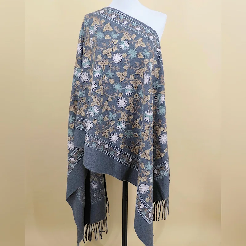 

Poncho Cloak Ginkgo Leaf Sting Embroidery Imitation Cashmere Scarf Women's Ethnic Style Shawl Warm Cloak Tourism Wine Gray