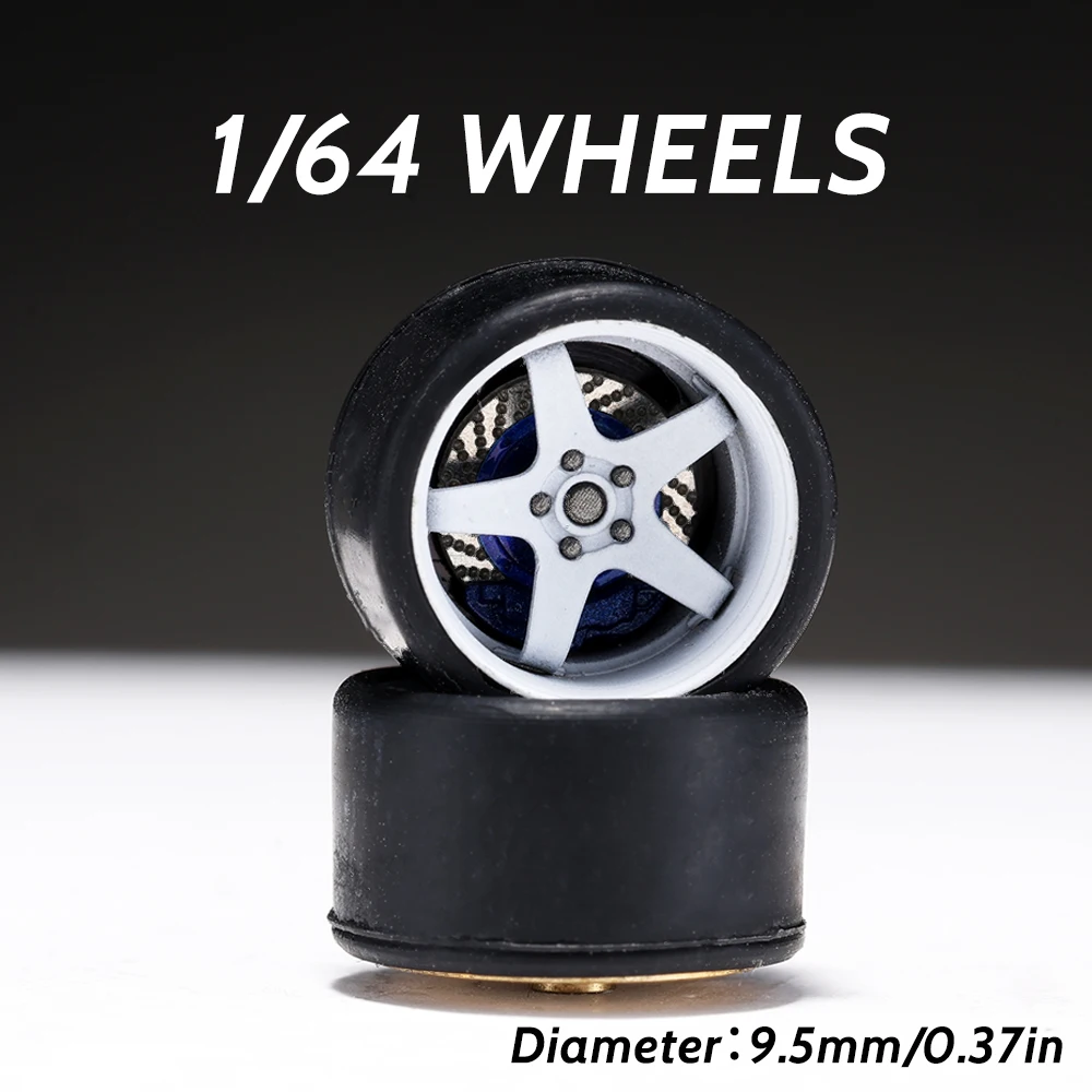 1/64 Alloy White Model Wheels Rubber Tires with Brake Disc Ball Bearing Rims for Diecast Model Car for Hot Wheels Diameter:9.5mm