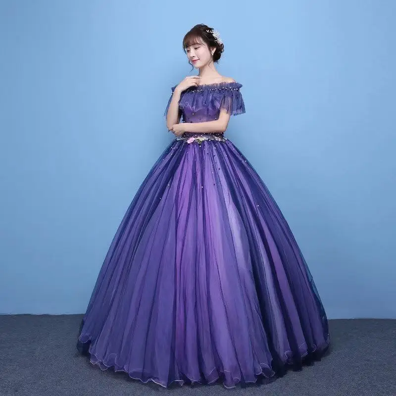 

Ruffles Off the Shoulder Evening Dress for Women Flower Beads vestidos de noche mujer Purple Prom Party Gown vestidos para mujer