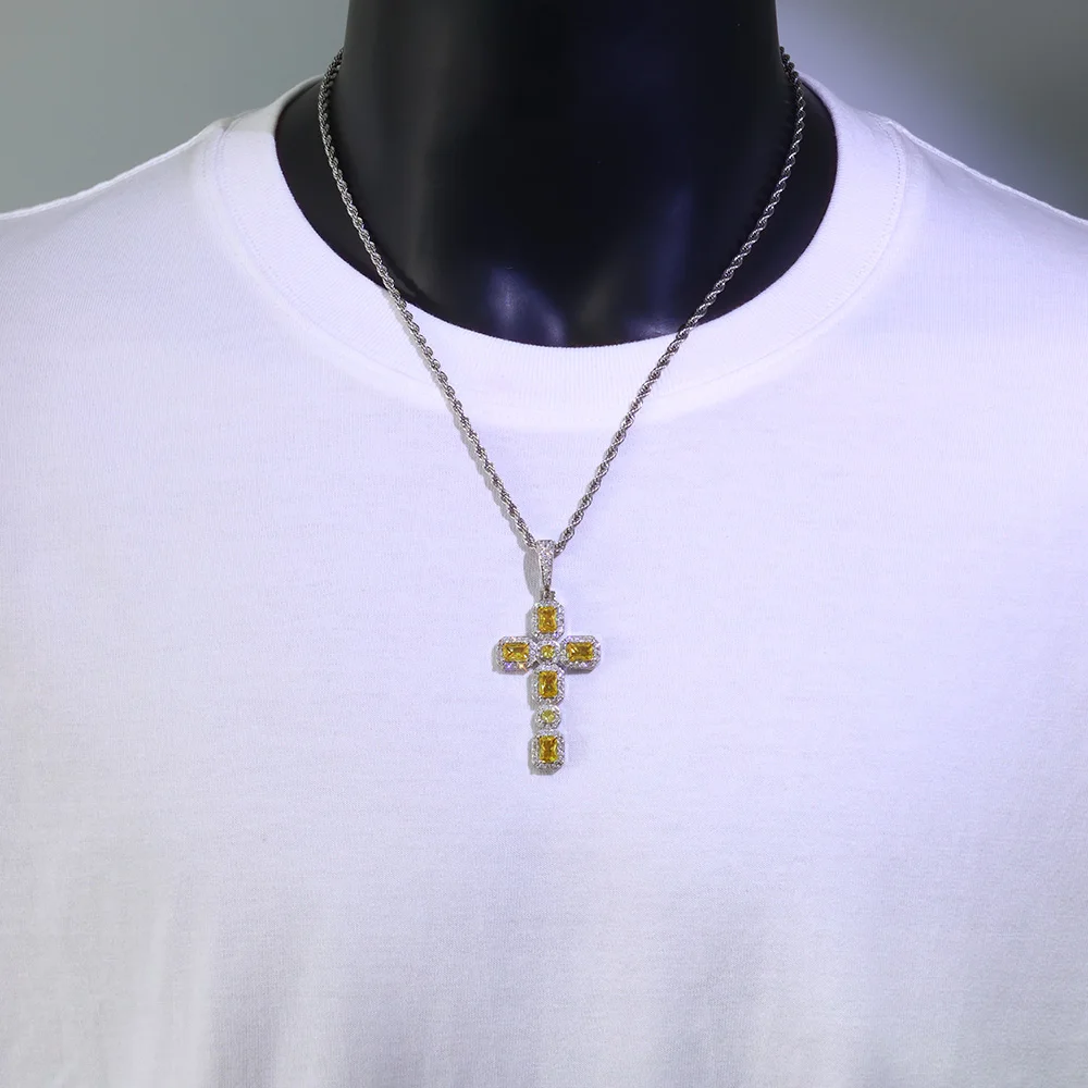 

NY Hip Hop Jewelry Bling Yellow CZ Diamond Cross Pendant Gold Plated Big Square Gemstone Cross Pendant with Cuban Chain