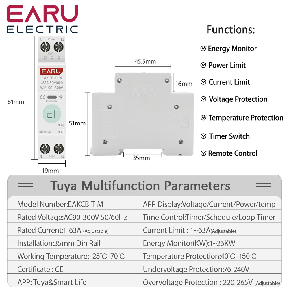 Tuya WiFi Smart Circuit Breaker MCB Timer 1P+N 63A Power Energy kWh Voltage Current Meter Protector Voice Remote Control Switch