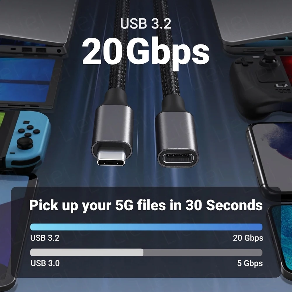 Kabel przedłużający USB-C 20 Gbps 240W USB3.2 4K@120Hz, kabel wideo Type-C męski na żeński do Huba, PS VR2, iPhone'a, MacBooka, Switcha — zdjęcie produktu 3