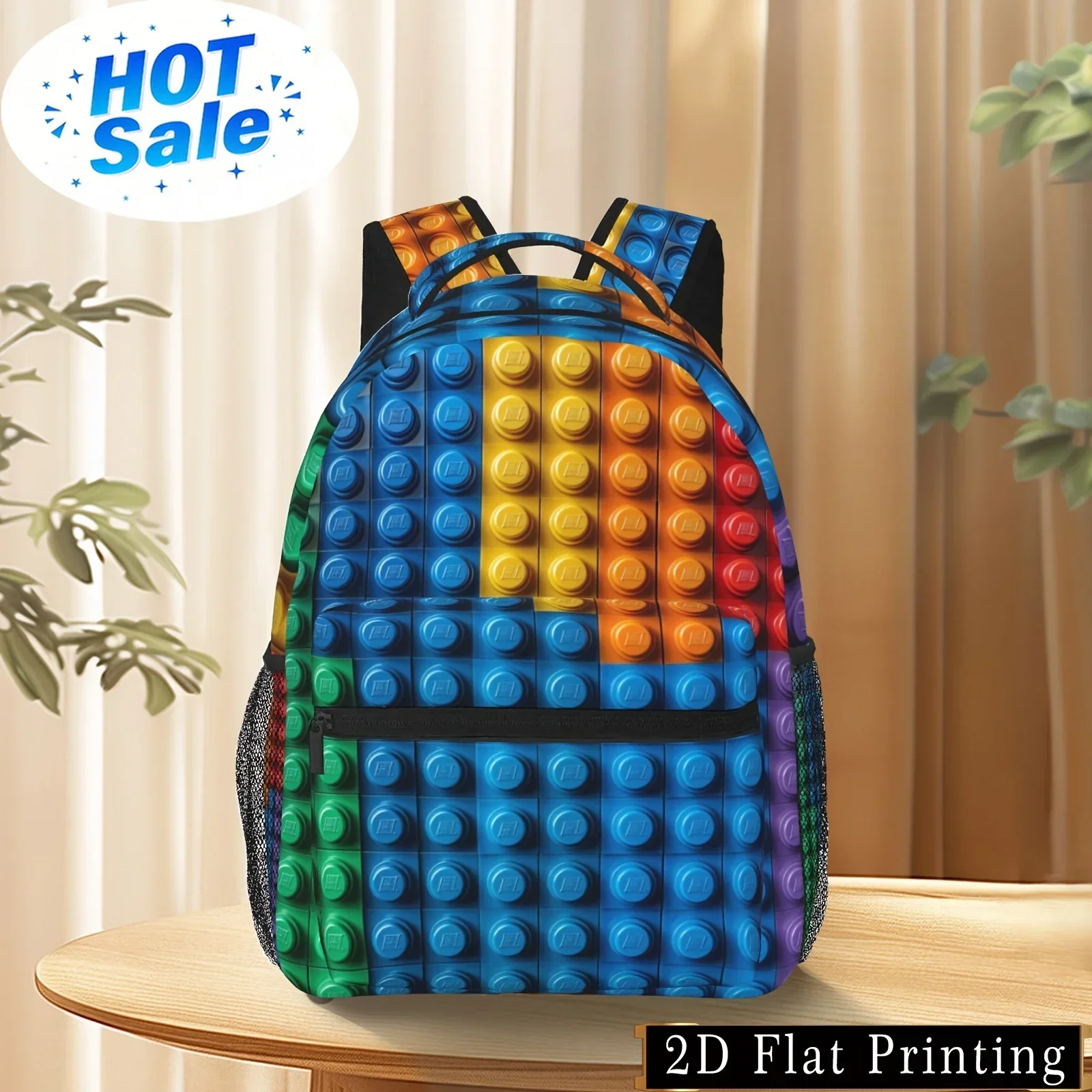 Custom Bag Polyester Backpack Durable Polyester Colorful Building Block Pattern Backpack Commuter Bag With Water Bottle Umbrella